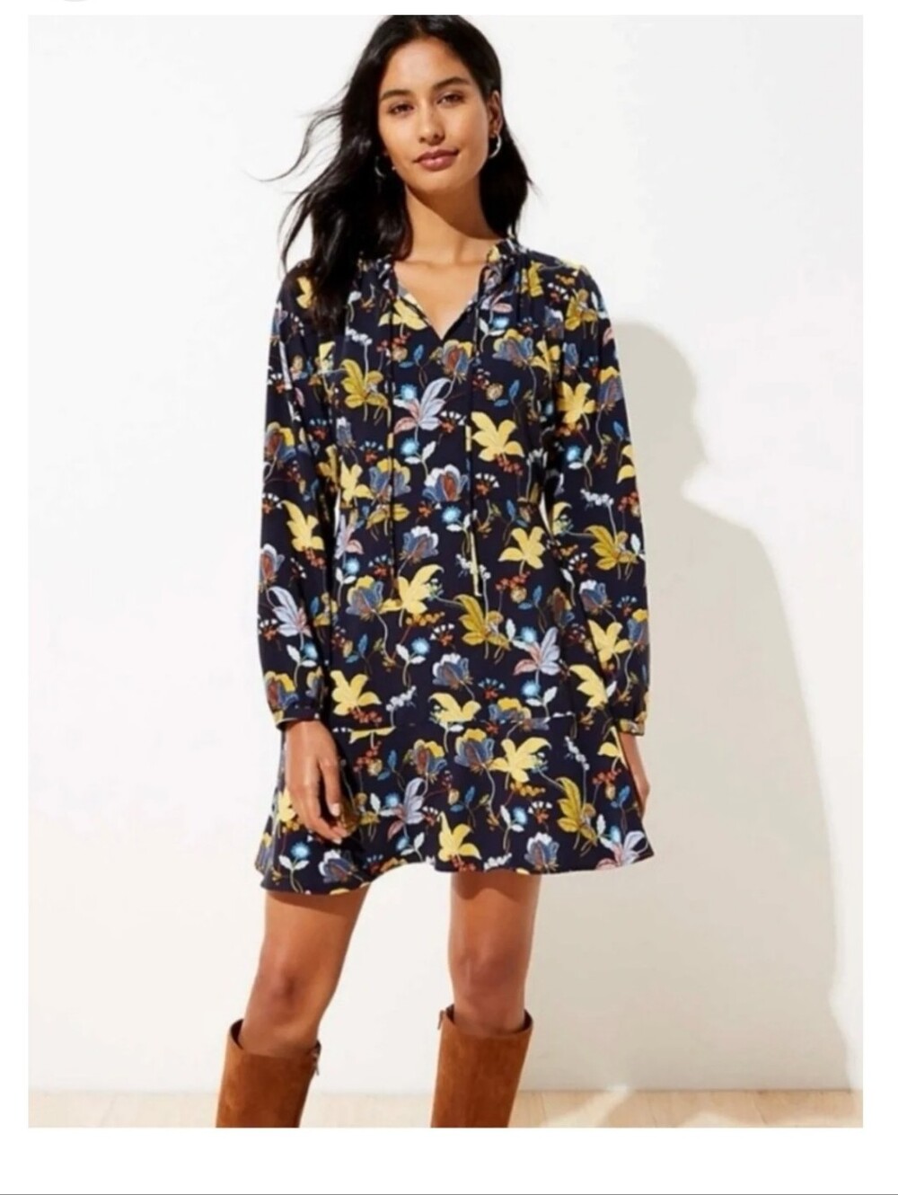 Loft Fit And Flare Floral Tie-Neck Long Sleeve Dress Navy Multicolor Floral Sz 6